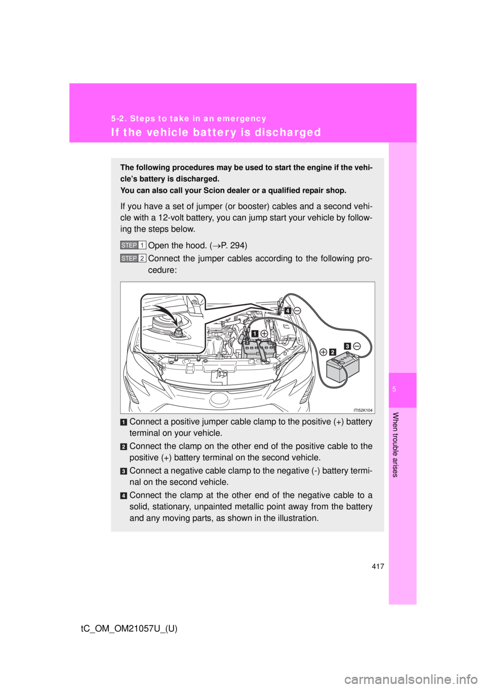 TOYOTA tC 2015 Owners Manual (in English) 5
When trouble arises
417
5-2. Steps to take in an emergency
tC_OM_OM21057U_(U)
If the vehicle batter y is discharged
The following procedures may be used to start the engine if the vehi-
cle’s batt TOYOTA tC 2015 Owners Manual (in English) 5
When trouble arises
417
5-2. Steps to take in an emergency
tC_OM_OM21057U_(U)
If the vehicle batter y is discharged
The following procedures may be used to start the engine if the vehi-
cle’s batt