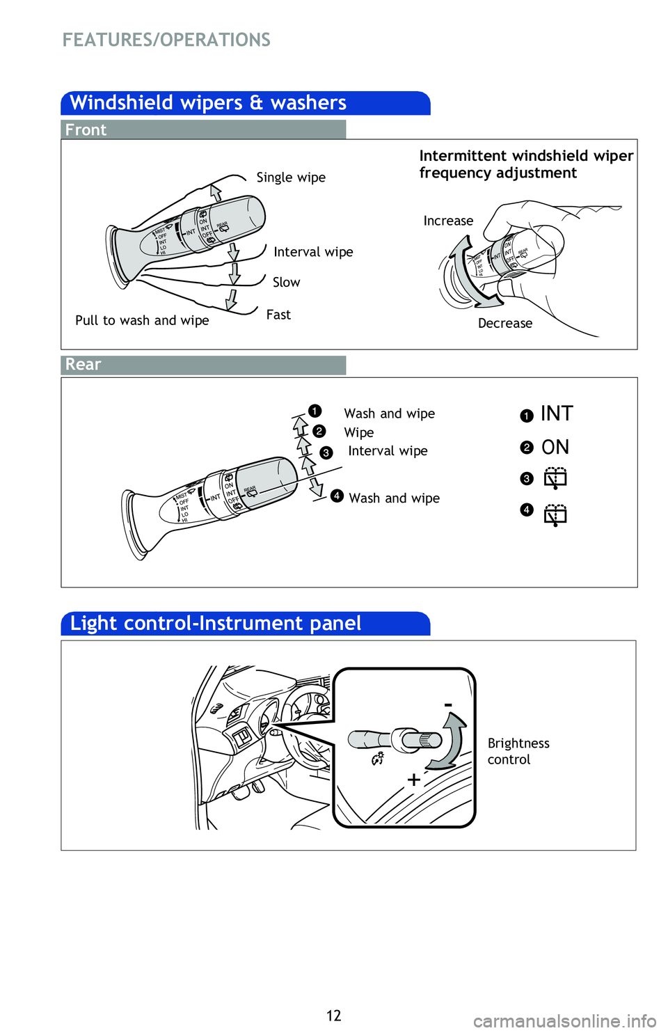 TOYOTA tC 2016 (in English) User Guide 12
FEATURES/OPERATIONS
Intermittent windshield wiper
frequency adjustment
Windows
Automatic operation (driver’s window) Push the switch completely down or pull
it completely up and release to ful TOYOTA tC 2016 (in English) User Guide 12
FEATURES/OPERATIONS
Intermittent windshield wiper
frequency adjustment
Windows
Automatic operation (driver’s window) Push the switch completely down or pull
it completely up and release to ful
