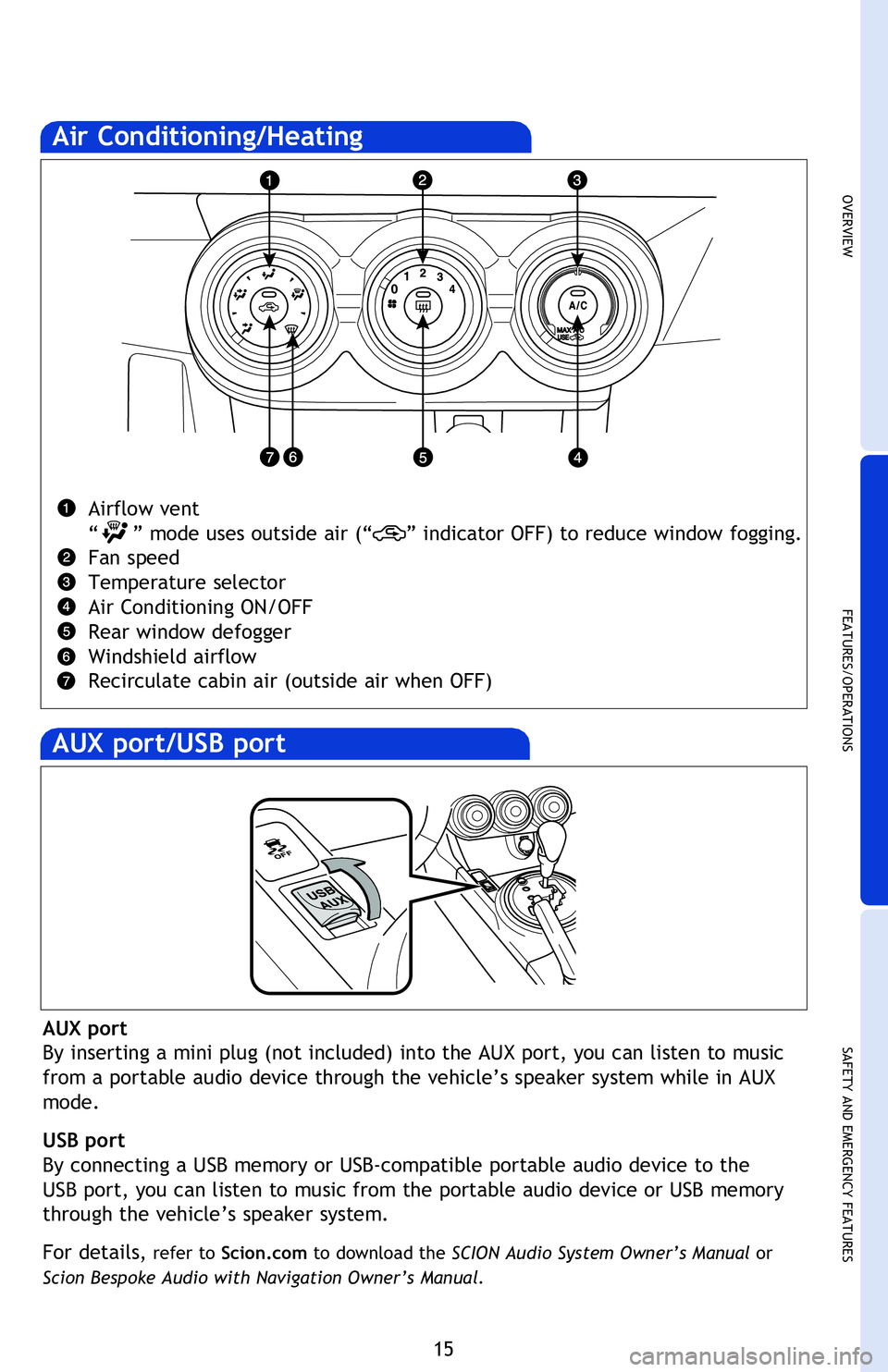 TOYOTA tC 2016 (in English) User Guide OVERVIEW
FEATURES/OPERATIONS
SAFETY AND EMERGENCY FEATURES
15
H-Hour set
M-Minute set
Closing operation
Push once to partially close; again to fully
close
Air Conditioning/Heating
Airflow vent
“ TOYOTA tC 2016 (in English) User Guide OVERVIEW
FEATURES/OPERATIONS
SAFETY AND EMERGENCY FEATURES
15
H-Hour set
M-Minute set
Closing operation
Push once to partially close; again to fully
close
Air Conditioning/Heating
Airflow vent
“