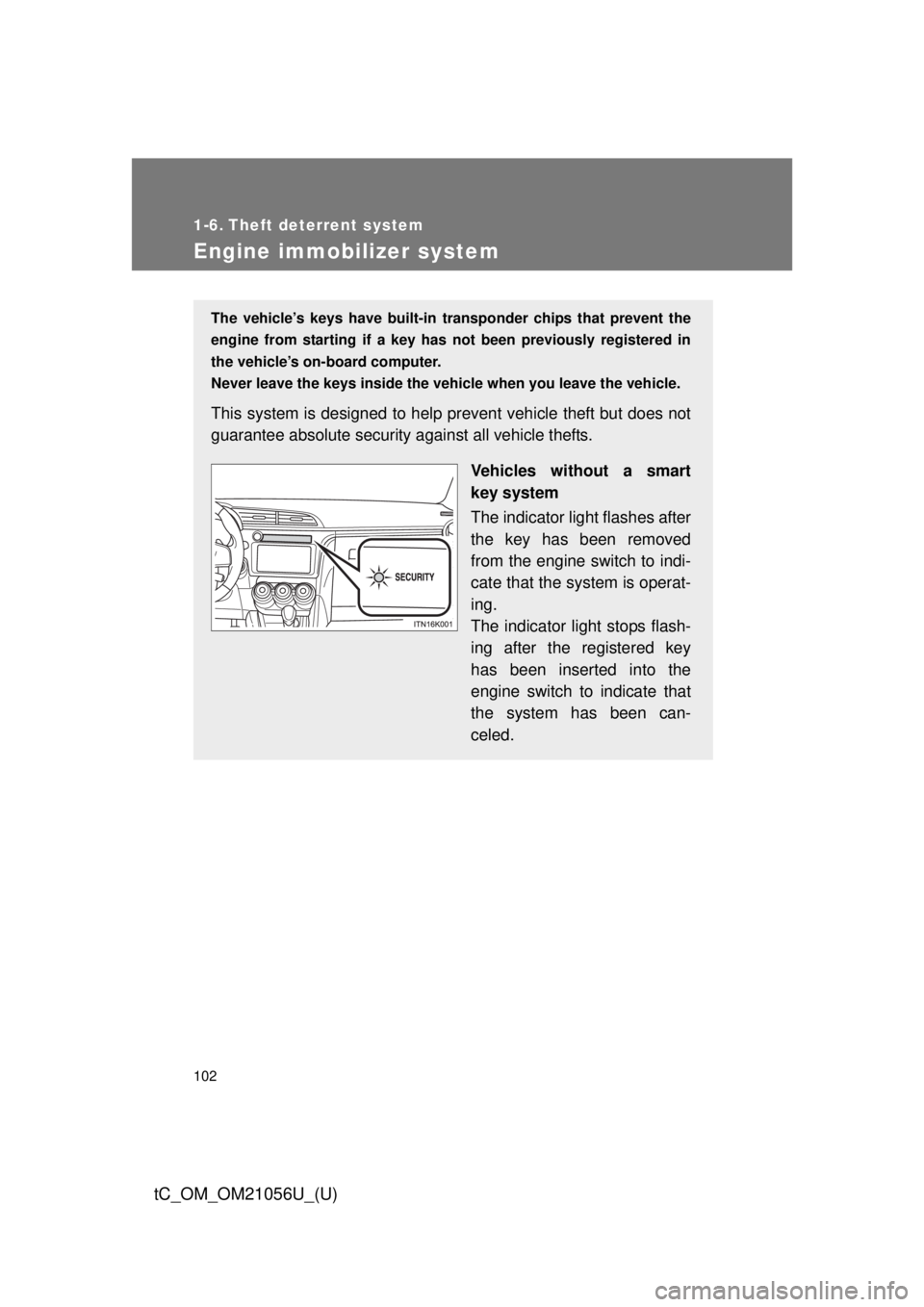 TOYOTA tC 2016  Owners Manual (in English) 102
tC_OM_OM21056U_(U)
1-6. Theft deterrent system
Engine immobilizer system
The vehicle’s keys have built-in transponder chips that prevent the
engine from starting if a key has  not been previousl