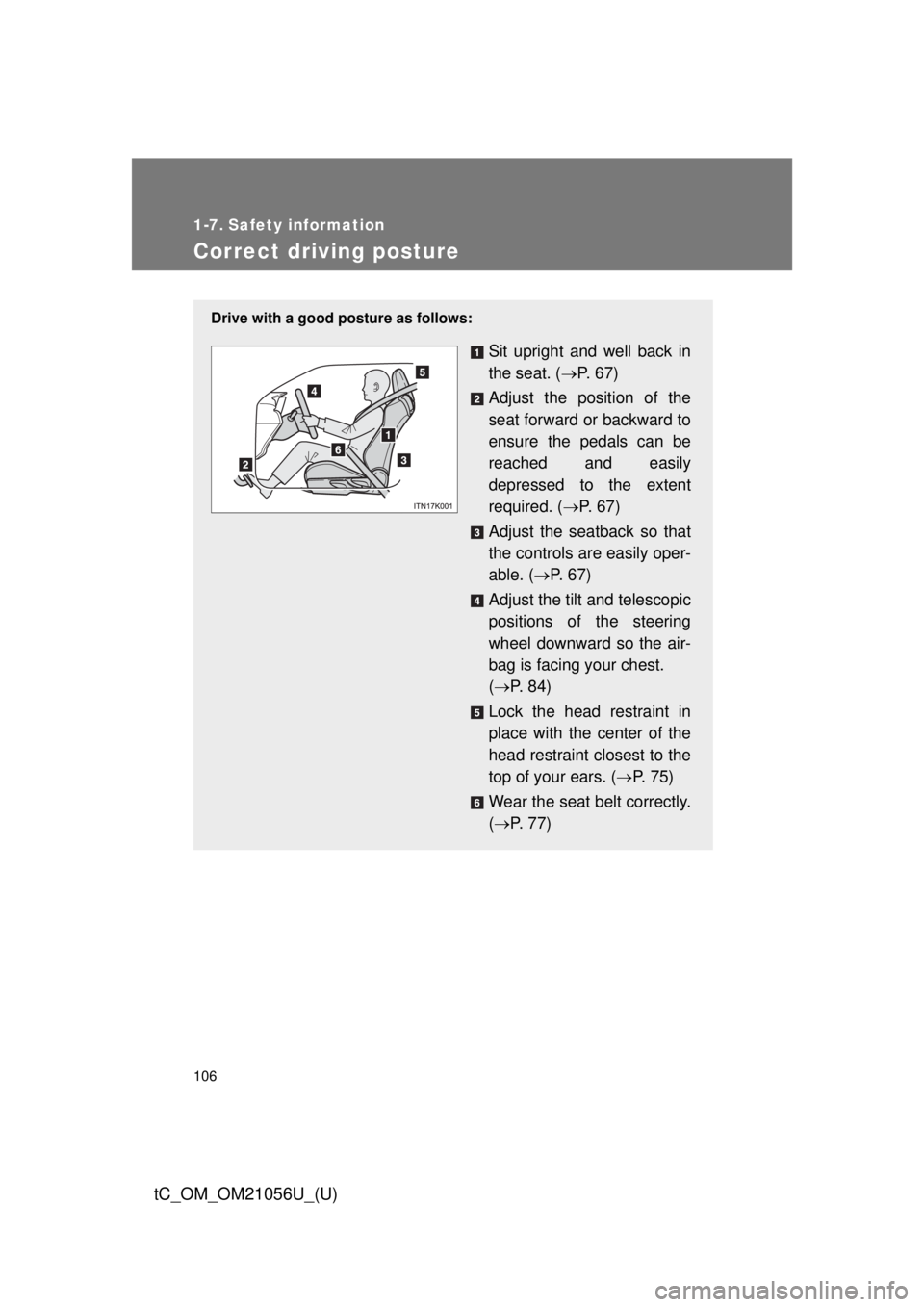TOYOTA tC 2016  Owners Manual (in English) 106
tC_OM_OM21056U_(U)
1-7. Safety information
Correct driving posture
Drive with a good posture as follows:
Sit upright and well back in
the seat. (P.  6 7 )
Adjust the position of the
seat forwar