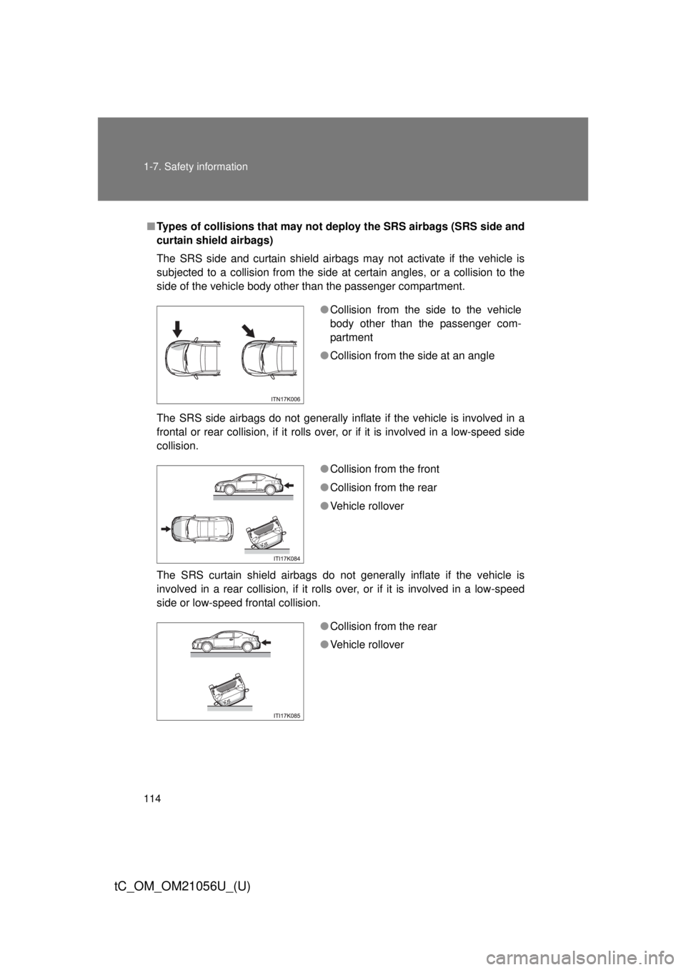 TOYOTA tC 2016 Owners Manual (in English) 114 1-7. Safety information
tC_OM_OM21056U_(U)
■Types of collisions that may not depl oy the SRS airbags (SRS side and
curtain shield airbags)
The SRS side and curtain shield airbags may not activat TOYOTA tC 2016 Owners Manual (in English) 114 1-7. Safety information
tC_OM_OM21056U_(U)
■Types of collisions that may not depl oy the SRS airbags (SRS side and
curtain shield airbags)
The SRS side and curtain shield airbags may not activat
