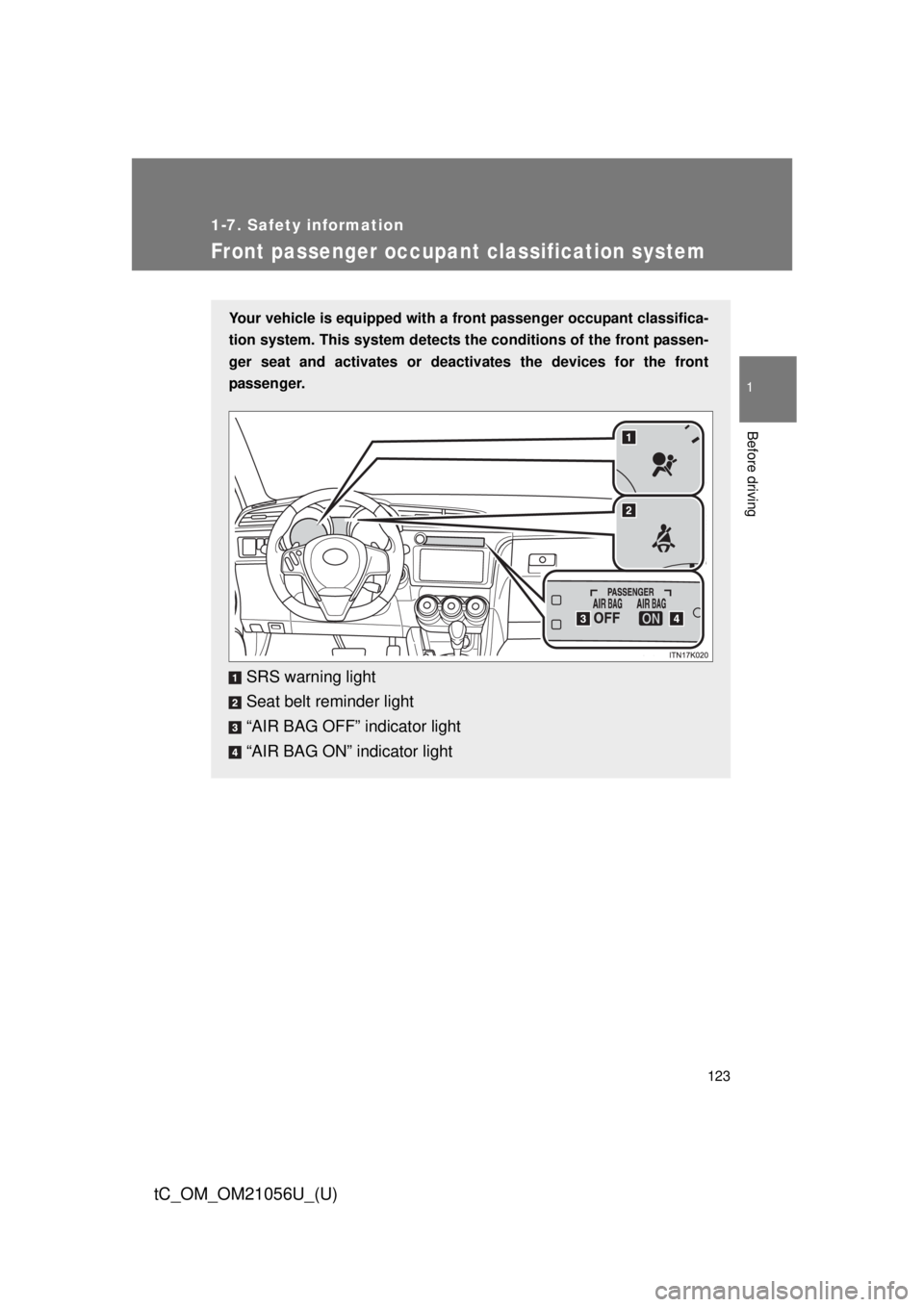 TOYOTA tC 2016 Owners Manual (in English) 123
1
1-7. Safety information
Before driving
tC_OM_OM21056U_(U)
Front passenger occupant classification system
Your vehicle is equipped with a front passenger occupant classifica-
tion system. This sy TOYOTA tC 2016 Owners Manual (in English) 123
1
1-7. Safety information
Before driving
tC_OM_OM21056U_(U)
Front passenger occupant classification system
Your vehicle is equipped with a front passenger occupant classifica-
tion system. This sy