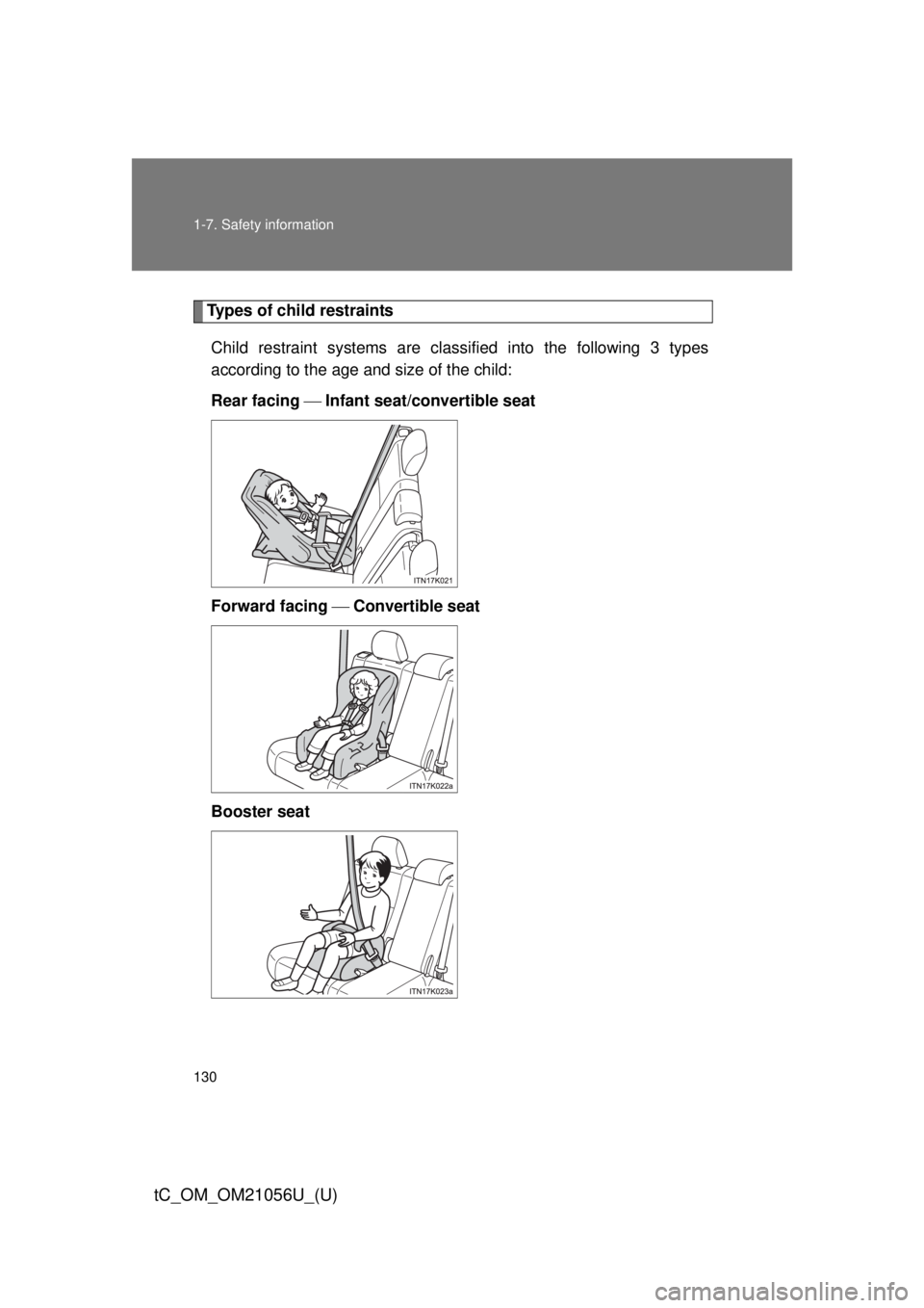 TOYOTA tC 2016 Owners Manual (in English) 130 1-7. Safety information
tC_OM_OM21056U_(U)
Types of child restraintsChild restraint systems are clas sified into the following 3 types
according to the age and size of the child:
Rear facing TOYOTA tC 2016 Owners Manual (in English) 130 1-7. Safety information
tC_OM_OM21056U_(U)
Types of child restraintsChild restraint systems are clas sified into the following 3 types
according to the age and size of the child:
Rear facing 
