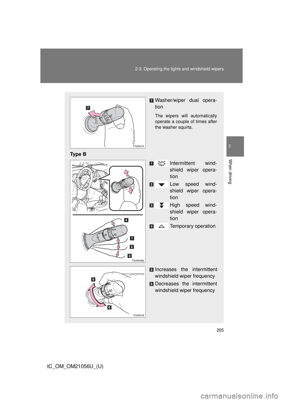 TOYOTA tC 2016  Owners Manual (in English) 205
2-3. Operating the lights and windshield wipers
2
When driving
tC_OM_OM21056U_(U)
Washer/wiper dual opera-
tion
The wipers will automatically
operate a couple of times after
the washer squirts.
Ty