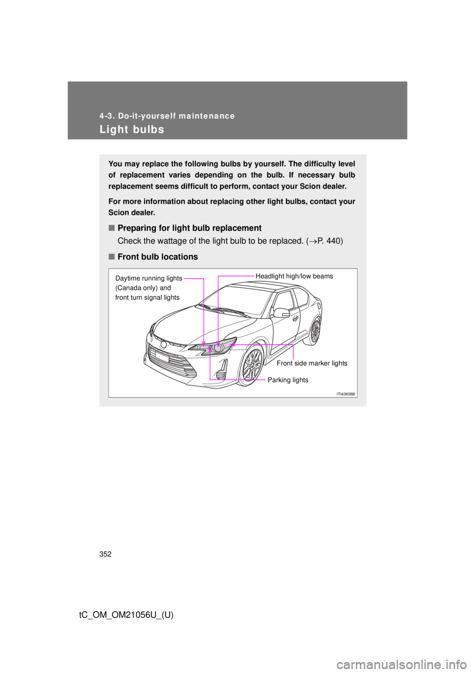 TOYOTA tC 2016  Owners Manual (in English) 352
4-3. Do-it-yourself maintenance
tC_OM_OM21056U_(U)
Light bulbs
You may replace the following bulbs by yourself. The difficulty level
of replacement varies depending on the bulb. If necessary bulb
