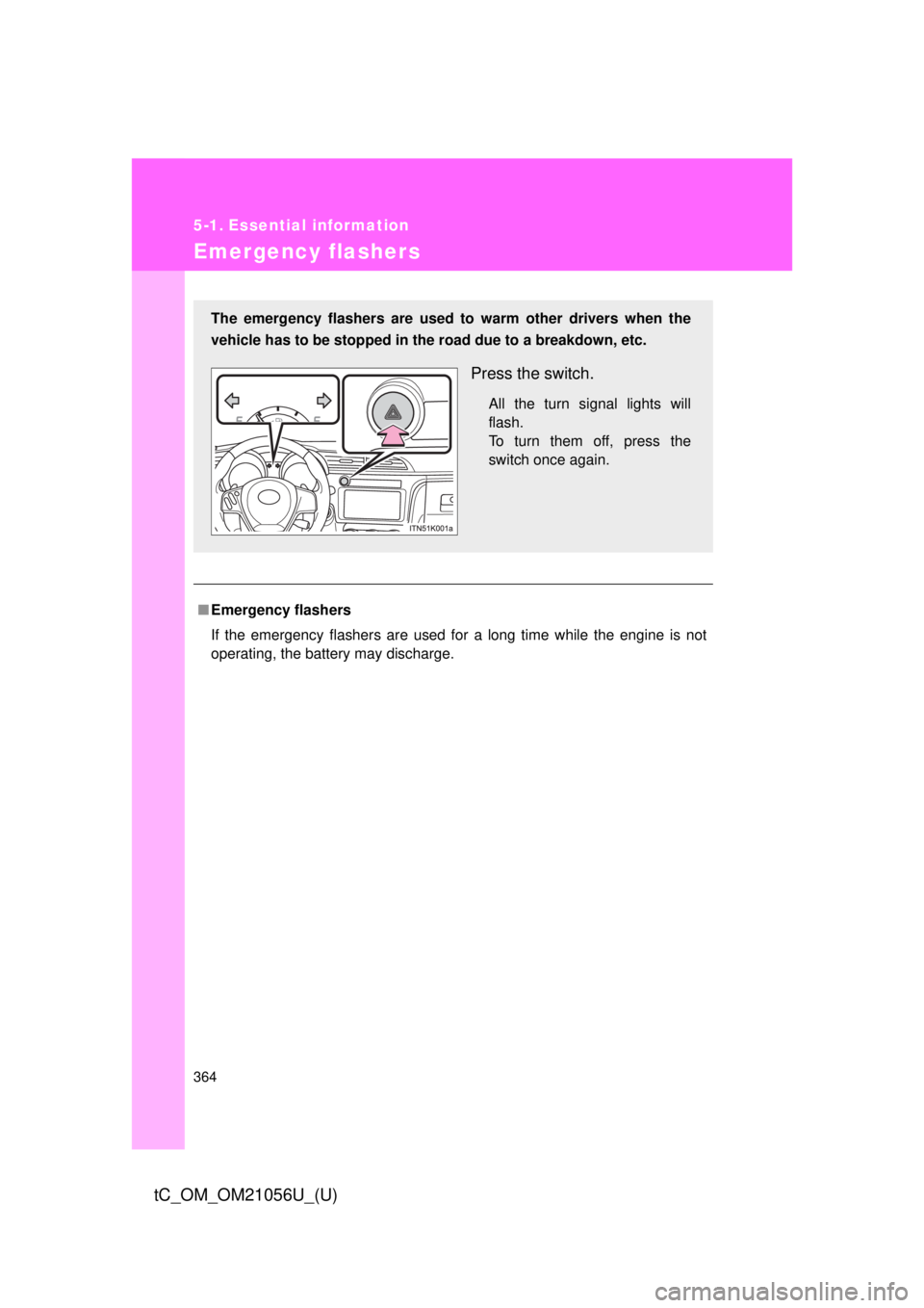 TOYOTA tC 2016  Owners Manual (in English) 364
tC_OM_OM21056U_(U)
5-1. Essential information
Emergency flashers
■Emergency flashers
If the emergency flashers are used for a long time while the engine is not
operating, the battery may dischar
