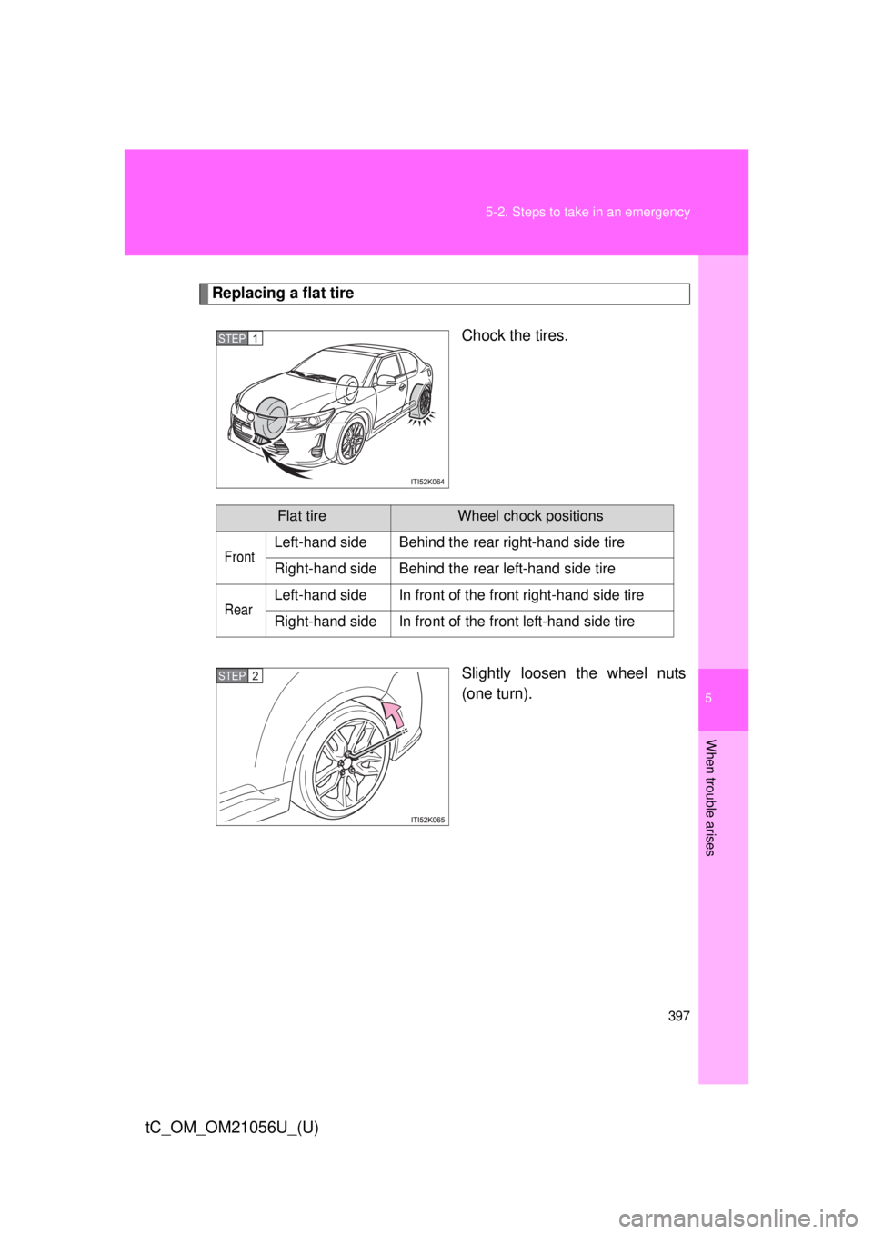 TOYOTA tC 2016  Owners Manual (in English) 5
When trouble arises
397
5-2. Steps to take in an emergency
tC_OM_OM21056U_(U)
Replacing a flat tire
Chock the tires.
Slightly loosen the wheel nuts
(one turn).
STEP 1 
Flat tireWheel chock positions