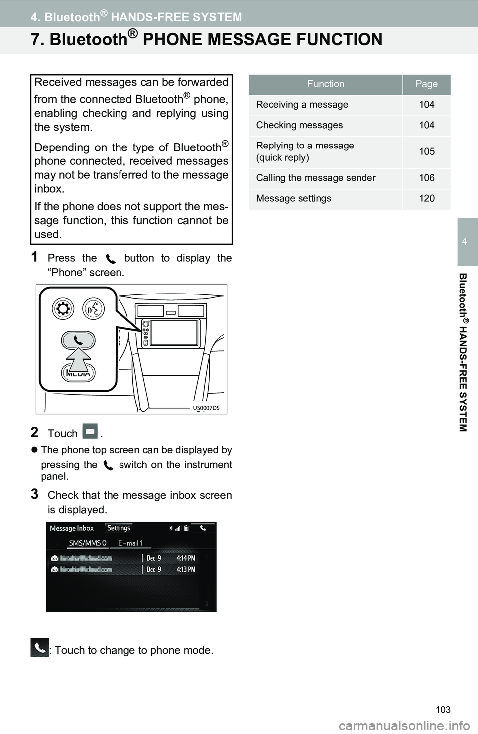 TOYOTA tC 2016 Accessories, Audio & Navigation (in English) 103
4. Bluetooth® HANDS-FREE SYSTEM
4
Bluetooth
® HANDS-FREE SYSTEM
7. Bluetooth® PHONE MESSAGE FUNCTION
1Press the button to display the
“Phone” screen.
2Touch .
The phone top screen can TOYOTA tC 2016 Accessories, Audio & Navigation (in English) 103
4. Bluetooth® HANDS-FREE SYSTEM
4
Bluetooth
® HANDS-FREE SYSTEM
7. Bluetooth® PHONE MESSAGE FUNCTION
1Press the button to display the
“Phone” screen.
2Touch .
The phone top screen can
