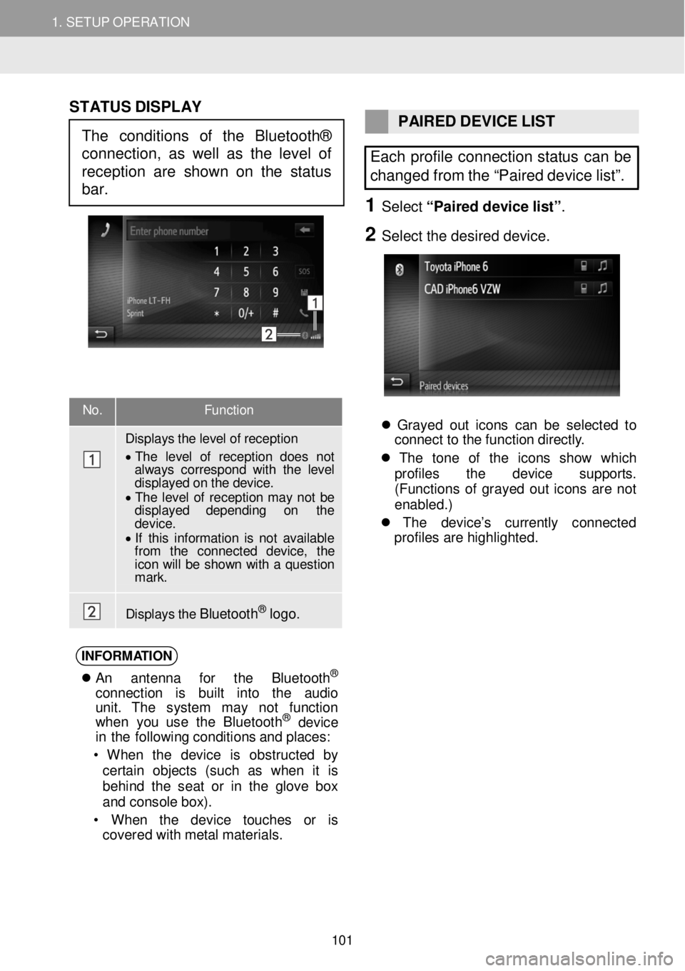 TOYOTA tC 2016 Accessories, Audio & Navigation (in English) 1. SETUP OPERATION 1. SETUP OPERATION
No. Function
Displays t h e level of reception
• T he level of r ecep tion does not always cor res pond with the level displayed on the TOYOTA tC 2016 Accessories, Audio & Navigation (in English) 1. SETUP OPERATION 1. SETUP OPERATION
No. Function
Displays t h e level of reception
• T he level of r ecep tion does not always cor res pond with the level displayed on the