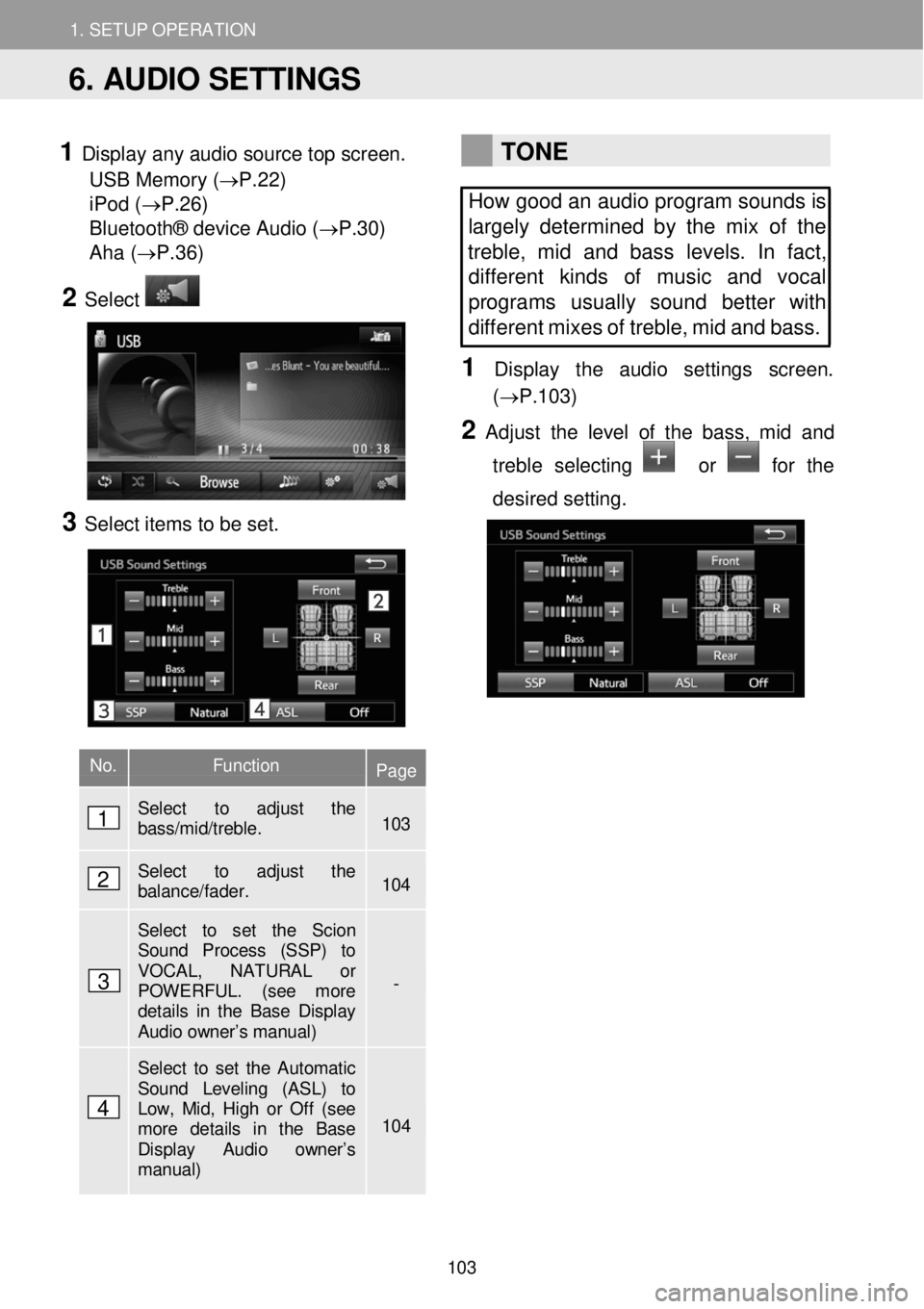TOYOTA tC 2016 Accessories, Audio & Navigation (in English) 1. SETUP OPERATION 1. SETUP OPERATION
1 Display any audio sour ce top screen.
USB Memory (→P.22)
iPod ( →P.26)
Bluetooth® device Audio (→P.30)
Aha ( →P.36)
2 Select
TOYOTA tC 2016 Accessories, Audio & Navigation (in English) 1. SETUP OPERATION 1. SETUP OPERATION
1 Display any audio sour ce top screen.
USB Memory (→P.22)
iPod ( →P.26)
Bluetooth® device Audio (→P.30)
Aha ( →P.36)
2 Select