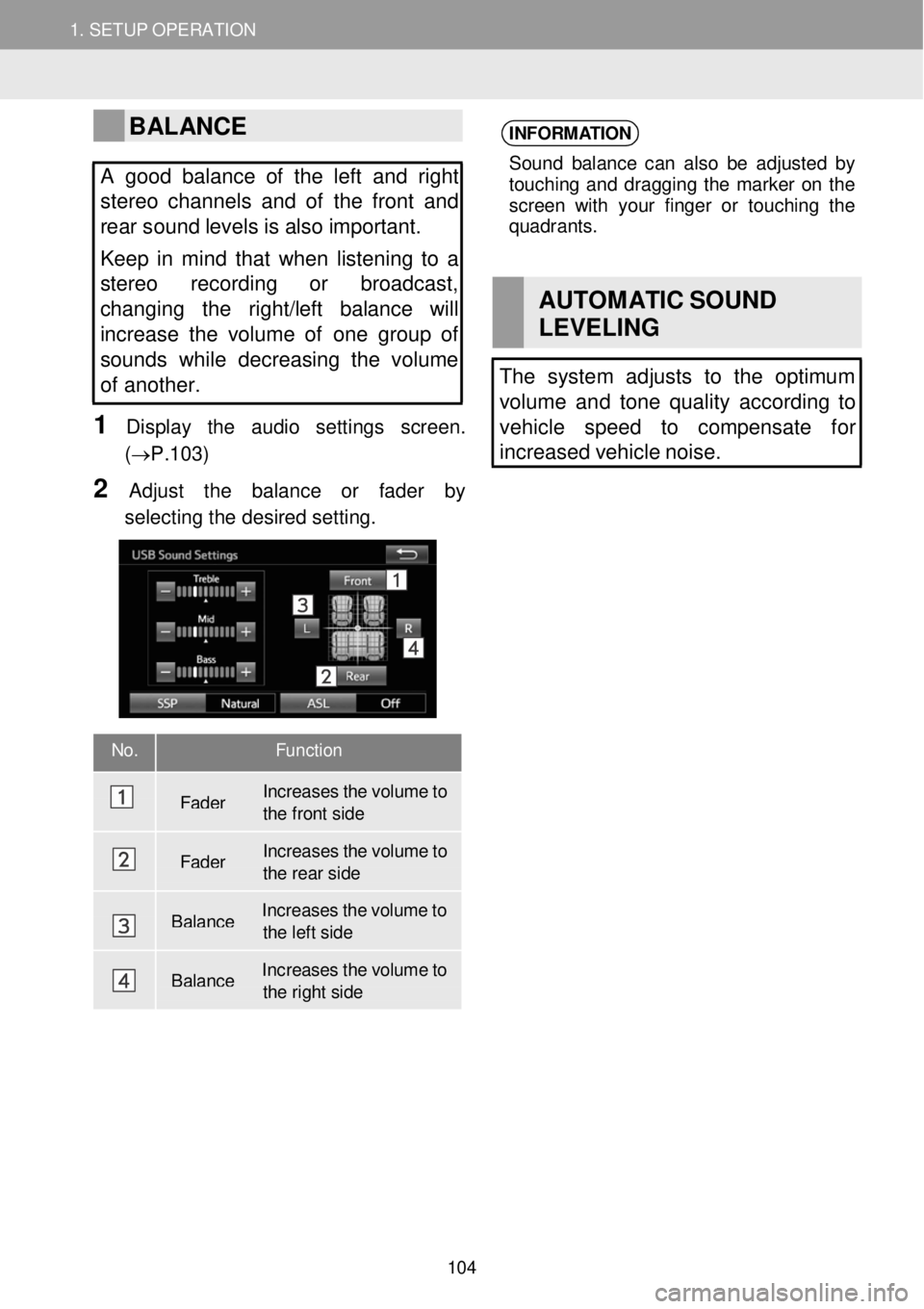 TOYOTA tC 2016 Accessories, Audio & Navigation (in English) 1. SETUP OPERATION 1. SETUP OPERATION
BALANCE
A good balance of the le ft and right
stereo channels and of the front and
rear s ound levels is also important.
Keep in mind TOYOTA tC 2016 Accessories, Audio & Navigation (in English) 1. SETUP OPERATION 1. SETUP OPERATION
BALANCE
A good balance of the le ft and right
stereo channels and of the front and
rear s ound levels is also important.
Keep in mind