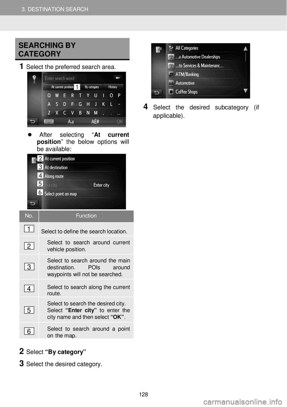 TOYOTA tC 2016 Accessories, Audio & Navigation (in English) 3. DESTINATION SEARCH 3. DESTINATION SEARCH
SEARCHING BY
C ATEGO RY
1 Sel ect t he p refe rred se a rch are a.
After selecting “ At current
position ” the below op TOYOTA tC 2016 Accessories, Audio & Navigation (in English) 3. DESTINATION SEARCH 3. DESTINATION SEARCH
SEARCHING BY
C ATEGO RY
1 Sel ect t he p refe rred se a rch are a.
After selecting “ At current
position ” the below op