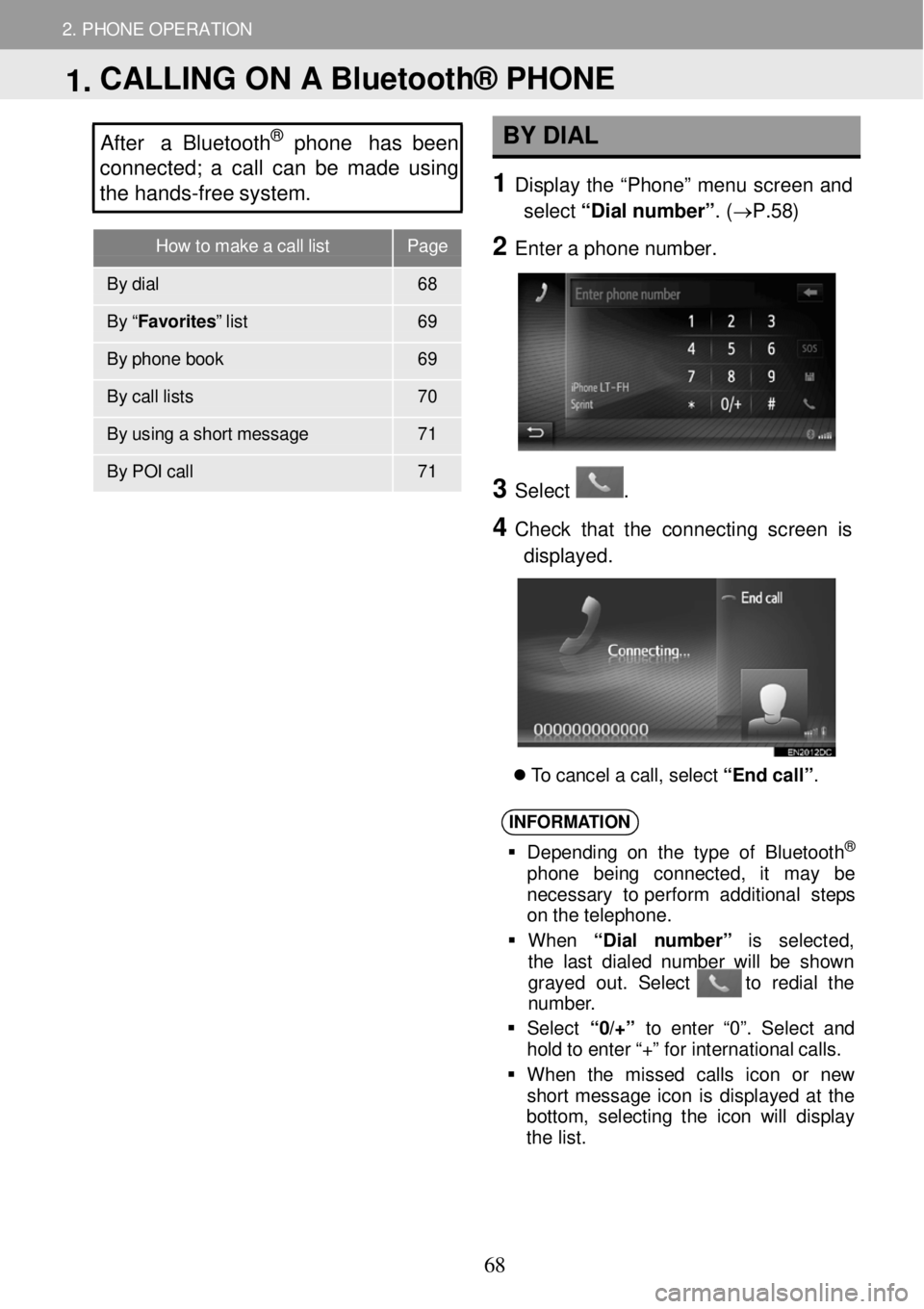 TOYOTA tC 2016 Accessories, Audio & Navigation (in English)
How to make a call list Page
By dial 68
By “ Favorites” list 69
By phone book 69
By ca ll li sts 70
By using a sh ort messa ge 71
By POI c all 71
2. PHONE OPERATION TOYOTA tC 2016 Accessories, Audio & Navigation (in English)
How to make a call list Page
By dial 68
By “ Favorites” list 69
By phone book 69
By ca ll li sts 70
By using a sh ort messa ge 71
By POI c all 71
2. PHONE OPERATION