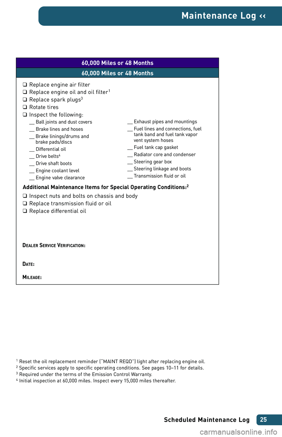 TOYOTA xA 2004  Warranties & Maintenance Guides (in English) Scheduled Maintenance Log25
Maintenance Log ‹‹
1Reset the oil replacement reminder (“MAINT REQD”) light after replacing engine oil.2Specific services apply to specific operating conditions. Se