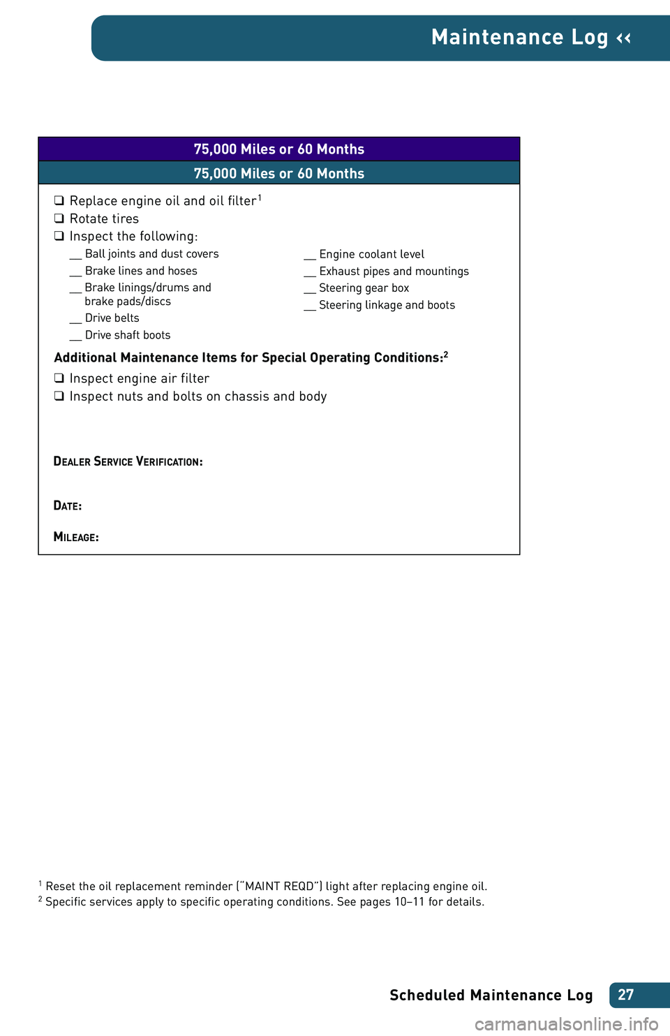 TOYOTA xA 2004  Warranties & Maintenance Guides (in English) Scheduled Maintenance Log27
Maintenance Log ‹‹
1Reset the oil replacement reminder (“MAINT REQD”) light after replacing engine oil.2Specific services apply to specific operating conditions. Se