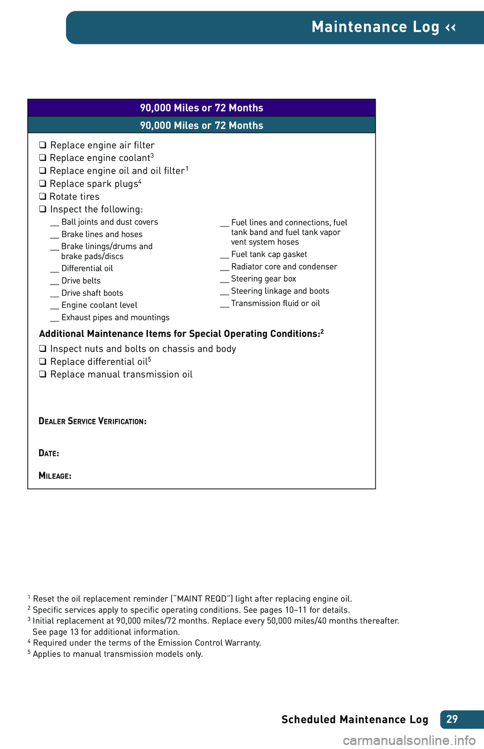 TOYOTA xA 2004  Warranties & Maintenance Guides (in English) Scheduled Maintenance Log29
Maintenance Log ‹‹
1Reset the oil replacement reminder (“MAINT REQD”) light after replacing engine oil.2Specific services apply to specific operating conditions. Se