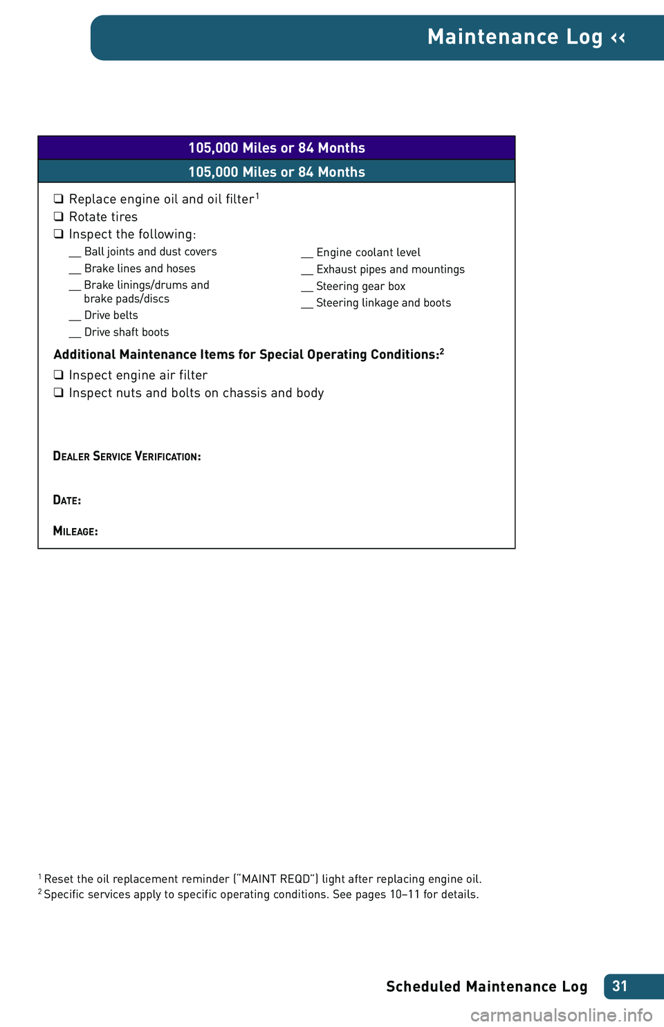 TOYOTA xA 2004  Warranties & Maintenance Guides (in English) Scheduled Maintenance Log31
Maintenance Log ‹‹
1 Reset the oil replacement reminder (“MAINT REQD”) light after replacing engine oil.2 Specific services apply to specific operating conditions. 