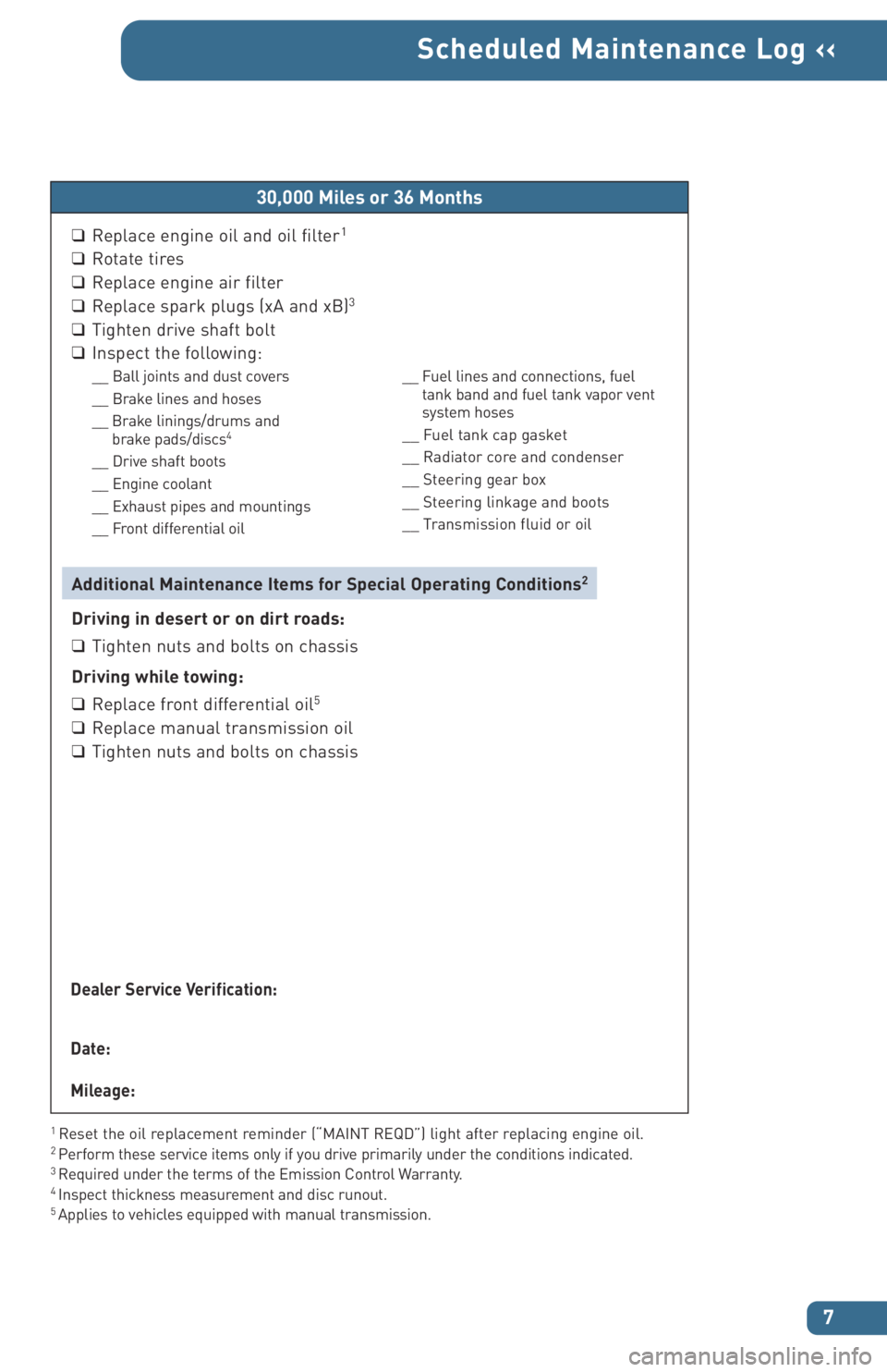 TOYOTA xA 2005 Warranties & Maintenance Guides (in English) 7
Scheduled Maintenance Log ‹‹
1 Reset the oil replacement reminder (“MAINT REQD”) light after replacing engine oil.2 Perform these service items only if you drive primarily under the conditio TOYOTA xA 2005 Warranties & Maintenance Guides (in English) 7
Scheduled Maintenance Log ‹‹
1 Reset the oil replacement reminder (“MAINT REQD”) light after replacing engine oil.2 Perform these service items only if you drive primarily under the conditio