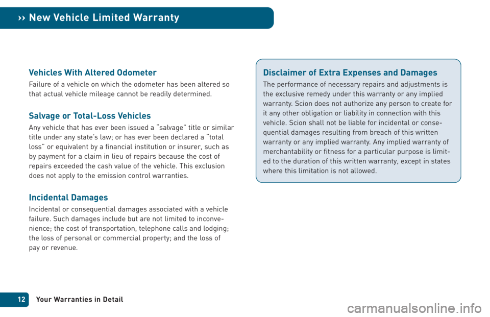 TOYOTA xA 2005 Warranties & Maintenance Guides (in English) Vehicles With Altered Odometer
Failure of a vehicle on which the odometer has been altered so
that actual vehicle mileage cannot be readily determined.
Salvage or Total-Loss Vehicles
Any vehicle that TOYOTA xA 2005 Warranties & Maintenance Guides (in English) Vehicles With Altered Odometer
Failure of a vehicle on which the odometer has been altered so
that actual vehicle mileage cannot be readily determined.
Salvage or Total-Loss Vehicles
Any vehicle that