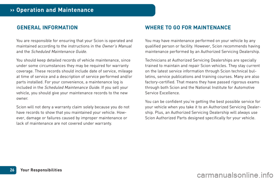TOYOTA xA 2005 Warranties & Maintenance Guides (in English) You are responsible for ensuring that your Scion is operated and
maintained according to the instructions in the
Owner’s Manual
and the Scheduled Maintenance Guide.
You should keep detailed records TOYOTA xA 2005 Warranties & Maintenance Guides (in English) You are responsible for ensuring that your Scion is operated and
maintained according to the instructions in the
Owner’s Manual
and the Scheduled Maintenance Guide.
You should keep detailed records