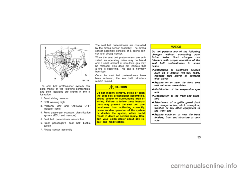 TOYOTA xA 2006  Owners Manual (in English) 33
13A148
The seat belt pretensioner system con-
sists mainly of the following components,
and their  locations are shown in the il-
lustration.1. Front airbag sensors
2. SRS warning light
3. “AIRBA