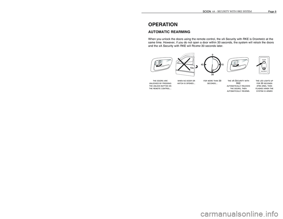 TOYOTA xA 2006 Accessories, Audio & Navigation (in English) OPERATIONAUTOMATIC REARMINGWhen you unlock the doors using the remote control, the xA Security with RKE is D
ISARMED
at the
same time. However, if you do not open a door within 30 seconds, the system TOYOTA xA 2006 Accessories, Audio & Navigation (in English) OPERATIONAUTOMATIC REARMINGWhen you unlock the doors using the remote control, the xA Security with RKE is D
ISARMED
at the
same time. However, if you do not open a door within 30 seconds, the system