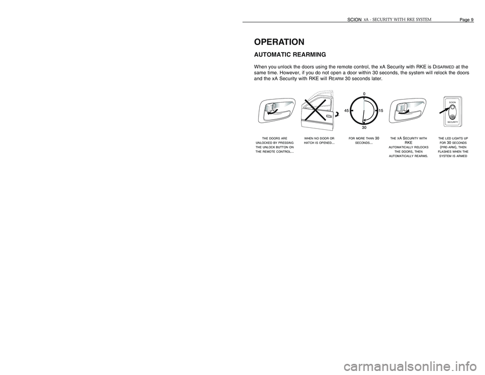 TOYOTA xA 2006  Accessories, Audio & Navigation (in English) OPERATIONAUTOMATIC REARMINGWhen you unlock the doors using the remote control, the xA Security with RKE is D
ISARMED
at the
same time. However, if you do not open a door within 30 seconds, the system 