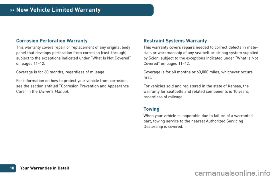 TOYOTA xA 2006 Warranties & Maintenance Guides (in English) Corrosion Perforation Warranty
This warranty covers repair or replacement of any original body
panel that develops perforation from corrosion (rust-through),
subject to the exceptions indicated under TOYOTA xA 2006 Warranties & Maintenance Guides (in English) Corrosion Perforation Warranty
This warranty covers repair or replacement of any original body
panel that develops perforation from corrosion (rust-through),
subject to the exceptions indicated under