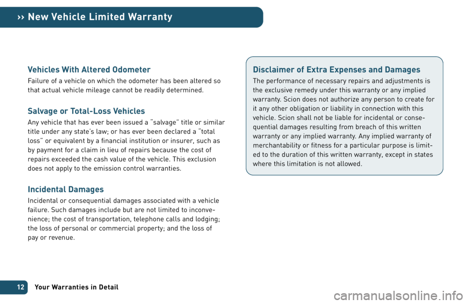 TOYOTA xA 2006 Warranties & Maintenance Guides (in English) Vehicles With Altered Odometer
Failure of a vehicle on which the odometer has been altered so
that actual vehicle mileage cannot be readily determined.
Salvage or Total-Loss Vehicles
Any vehicle that TOYOTA xA 2006 Warranties & Maintenance Guides (in English) Vehicles With Altered Odometer
Failure of a vehicle on which the odometer has been altered so
that actual vehicle mileage cannot be readily determined.
Salvage or Total-Loss Vehicles
Any vehicle that