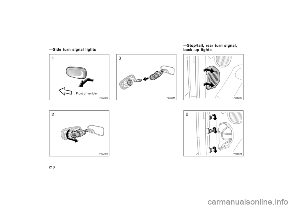 TOYOTA xB 2004  Owners Manual (in English) 210
73a022
Front of vehicle
73a023
73a024
—Side turn signal lights—Stop/tail, rear turn signal,
back�up lights 