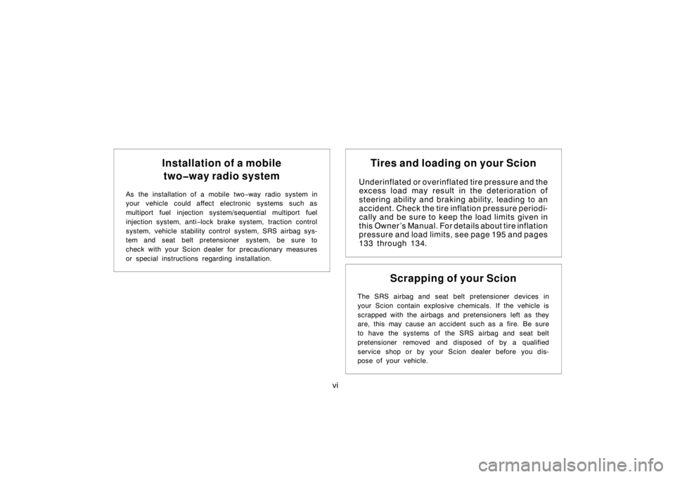 TOYOTA xB 2004  Owners Manual (in English) vi
Installation of a mobile
two�way radio system
As the installation of a mobile two−way radio system in
your vehicle could affect electronic systems such as
multiport fuel injection system/sequenti