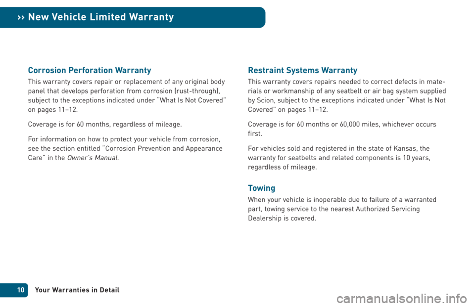 TOYOTA xB 2005 Warranties & Maintenance Guides (in English) Corrosion Perforation Warranty
This warranty covers repair or replacement of any original body
panel that develops perforation from corrosion (rust-through),
subject to the exceptions indicated under TOYOTA xB 2005 Warranties & Maintenance Guides (in English) Corrosion Perforation Warranty
This warranty covers repair or replacement of any original body
panel that develops perforation from corrosion (rust-through),
subject to the exceptions indicated under