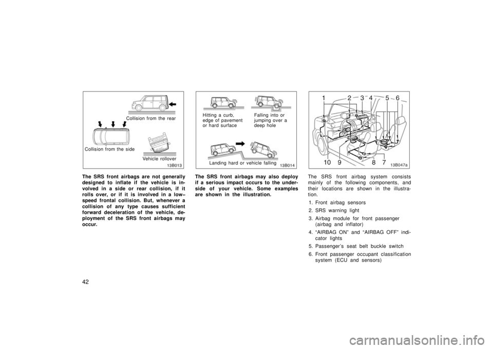 TOYOTA xB 2006  Owners Manual (in English) 42
Collision from the sideVehicle rollover
Collision from the rear
The SRS front airbags are not generally
designed to inflate if  the vehicle is in-
volved in a side or rear collision, if it
rolls ov