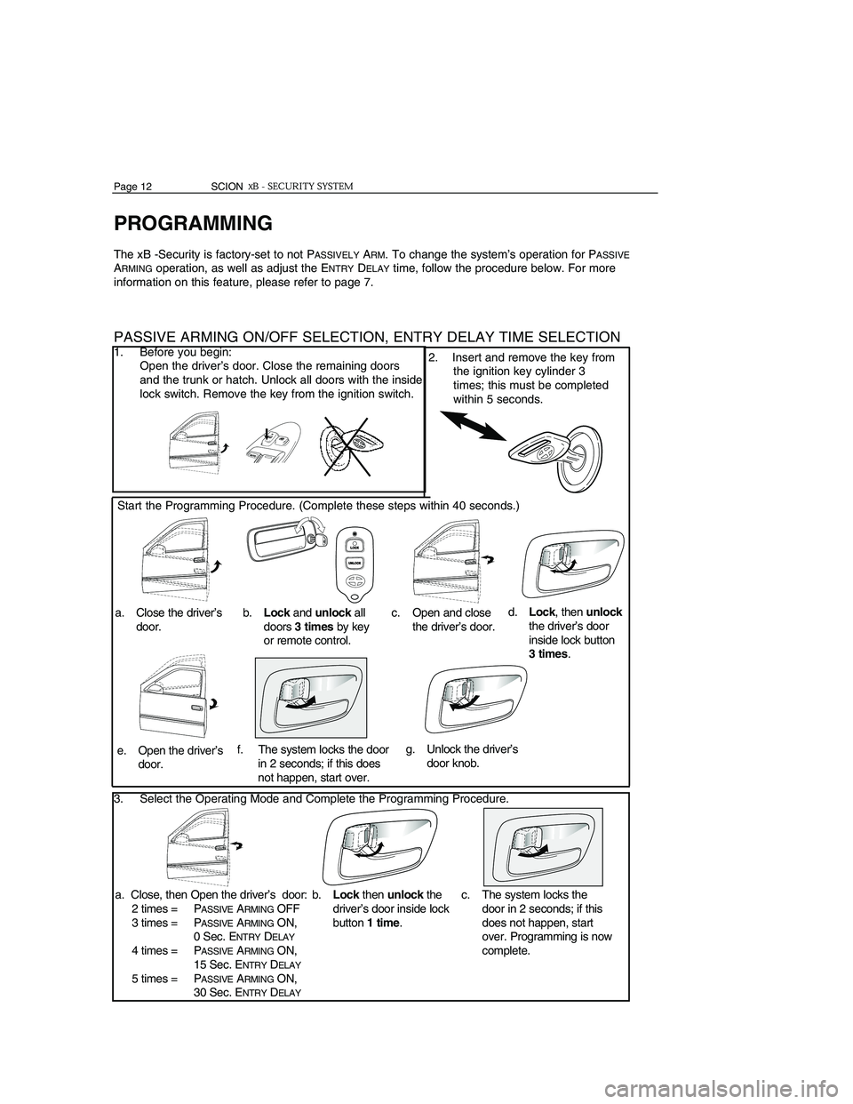 TOYOTA xB 2006 Accessories, Audio & Navigation (in English) PROGRAMMING
The xB -Security is factory-set to not PASSIVELYARM. To change the system’s operation for PASSIVE
ARMINGoperation, as well as adjust the ENTRYDELAYtime, follow the procedure below. For m TOYOTA xB 2006 Accessories, Audio & Navigation (in English) PROGRAMMING
The xB -Security is factory-set to not PASSIVELYARM. To change the system’s operation for PASSIVE
ARMINGoperation, as well as adjust the ENTRYDELAYtime, follow the procedure below. For m