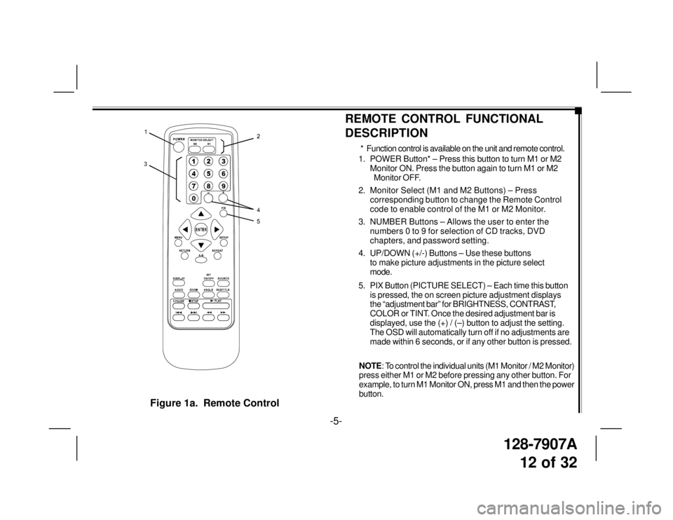 TOYOTA xB 2008 Accessories, Audio & Navigation (in English) 128-7907A
12 of 32
Figure 1a. Remote Control
-5-
1. POWER Button* – Press this button to turn M1 or M2
Monitor ON. Press the button again to turn M1 or M2
Monitor OFF.
2. Monitor Select (M1 and M TOYOTA xB 2008 Accessories, Audio & Navigation (in English) 128-7907A
12 of 32
Figure 1a. Remote Control
-5-
1. POWER Button* – Press this button to turn M1 or M2
Monitor ON. Press the button again to turn M1 or M2
Monitor OFF.
2. Monitor Select (M1 and M