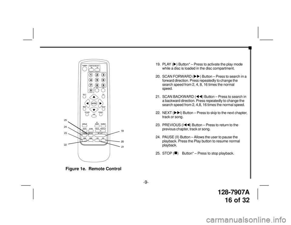TOYOTA xB 2008  Accessories, Audio & Navigation (in English) 128-7907A
16 of 32
  Figure 1e.  Remote Control
19. PLAY (�X) Button* – Press to activate the play mode
while a disc is loaded in the disc compartment.
20. SCAN FORWARD (�X�X) Button – Press to se