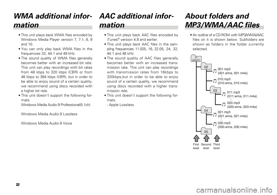 TOYOTA xB 2008  Accessories, Audio & Navigation (in English) 32
WMA additional infor-
mation
• This unit plays back WMA files encoded by
Windows Media Player version 7, 7.1, 8, 9
and 10.
• You can only play back WMA files in the
frequencies 32, 44.1 and 48 