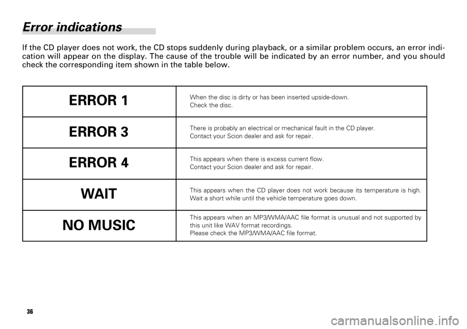 TOYOTA xB 2008  Accessories, Audio & Navigation (in English) 36
Error indications
If the CD player does not work, the CD stops suddenly during playback, or a similar problem occurs, an error indi-
cation will appear on the display. The cause of the trouble will