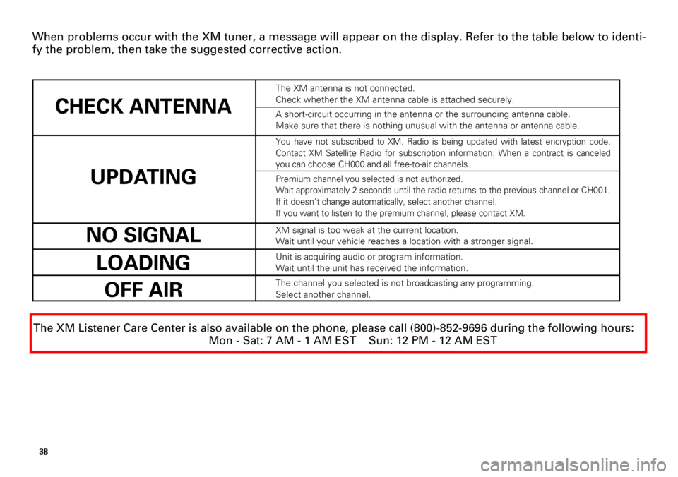 TOYOTA xB 2008  Accessories, Audio & Navigation (in English) 38
CHECK ANTENNA
UPDATING
NO SIGNAL
LOADING
OFF AIR
When problems occur with the XM tuner, a message will appear on the display. Refer to the table below to identi-
fy the problem, then take the sugge