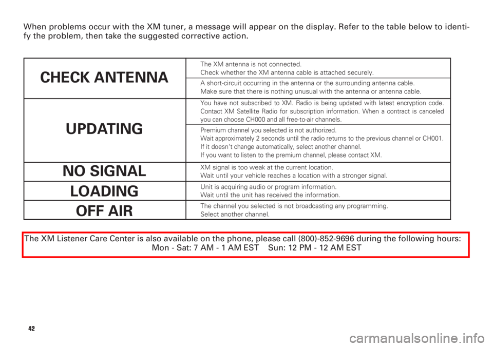 TOYOTA xB 2008 Accessories, Audio & Navigation (in English) 42
CHECK ANTENNA
UPDATING
NO SIGNAL
LOADING
OFF AIR
When problems occur with the XM tuner, a message will appear on the display. Refer to the table below to identi-
fy the problem, then take the sugge TOYOTA xB 2008 Accessories, Audio & Navigation (in English) 42
CHECK ANTENNA
UPDATING
NO SIGNAL
LOADING
OFF AIR
When problems occur with the XM tuner, a message will appear on the display. Refer to the table below to identi-
fy the problem, then take the sugge