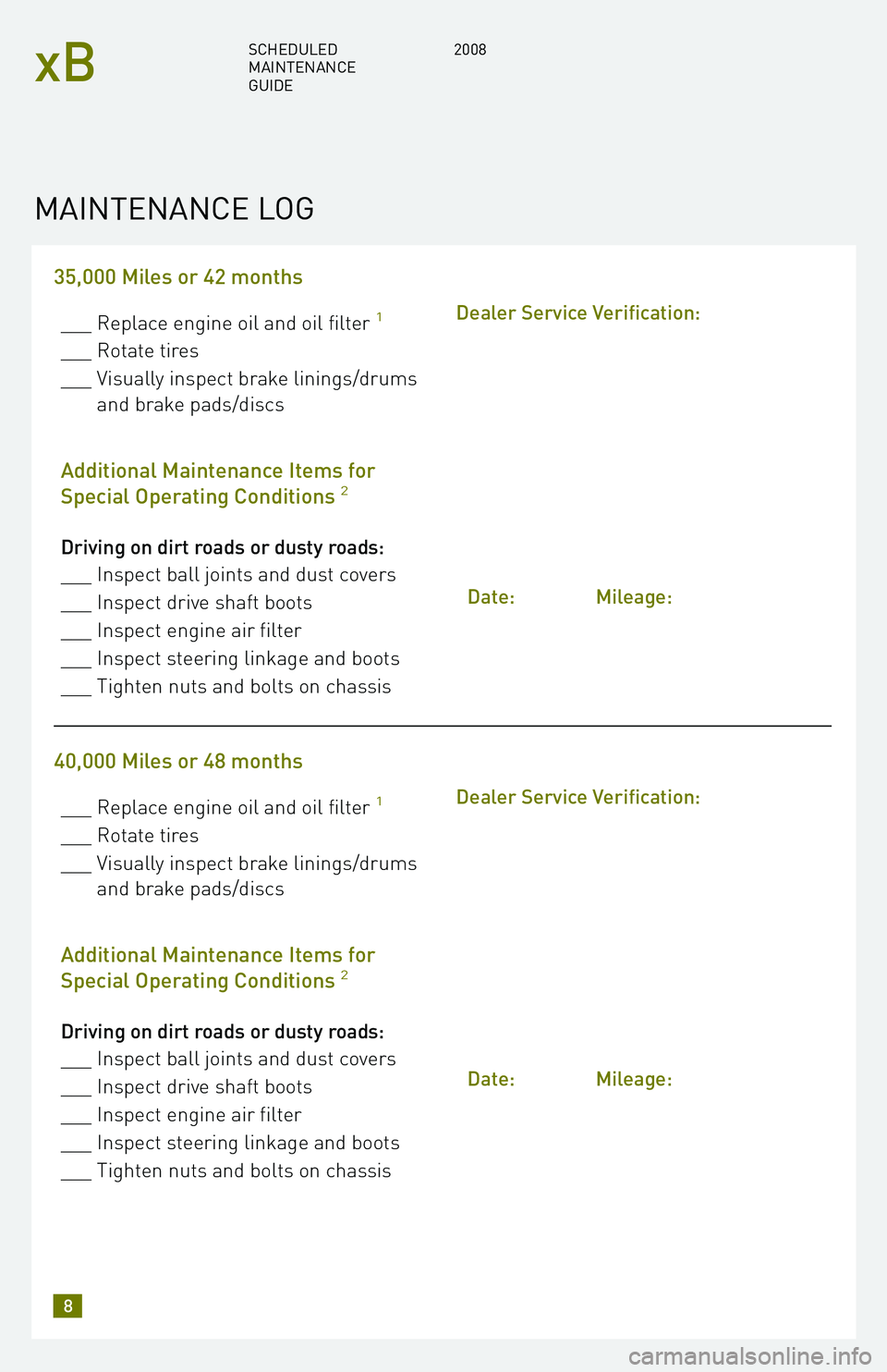 TOYOTA xB 2008  Warranties & Maintenance Guides (in English) 35,000 Miles or 42 months
___ Replace engine oil and oil filter1
___ Rotate tires 
___ Visually inspect brake linings/drums and brake pads/discs
Additional Maintenance Items for 
Special Operating Con