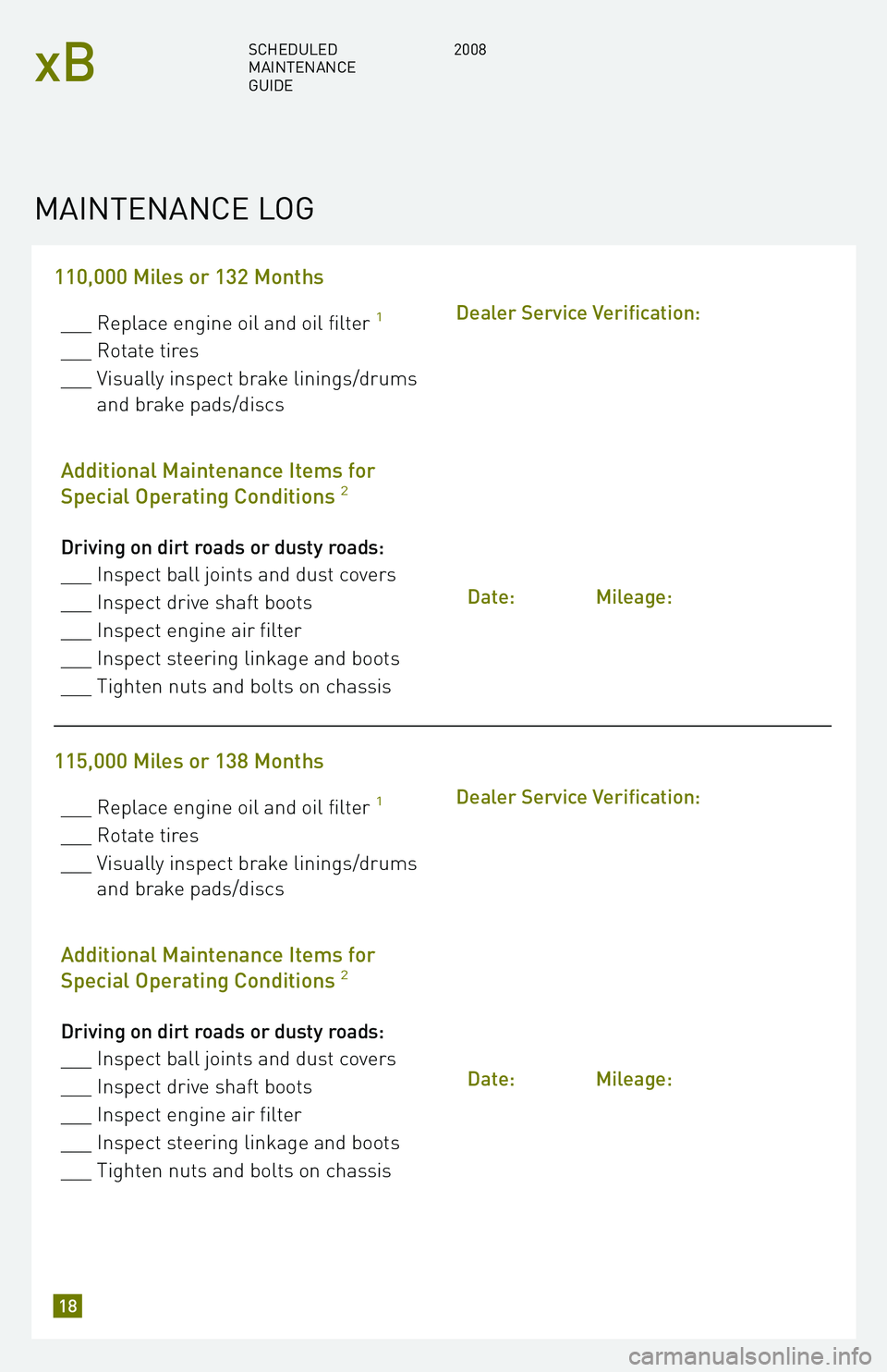 TOYOTA xB 2008  Warranties & Maintenance Guides (in English) 110,000 Miles or 132 Months
___ Replace engine oil and oil filter1
___ Rotate tires 
___ Visually inspect brake linings/drums and brake pads/discs
Additional Maintenance Items for 
Special Operating C