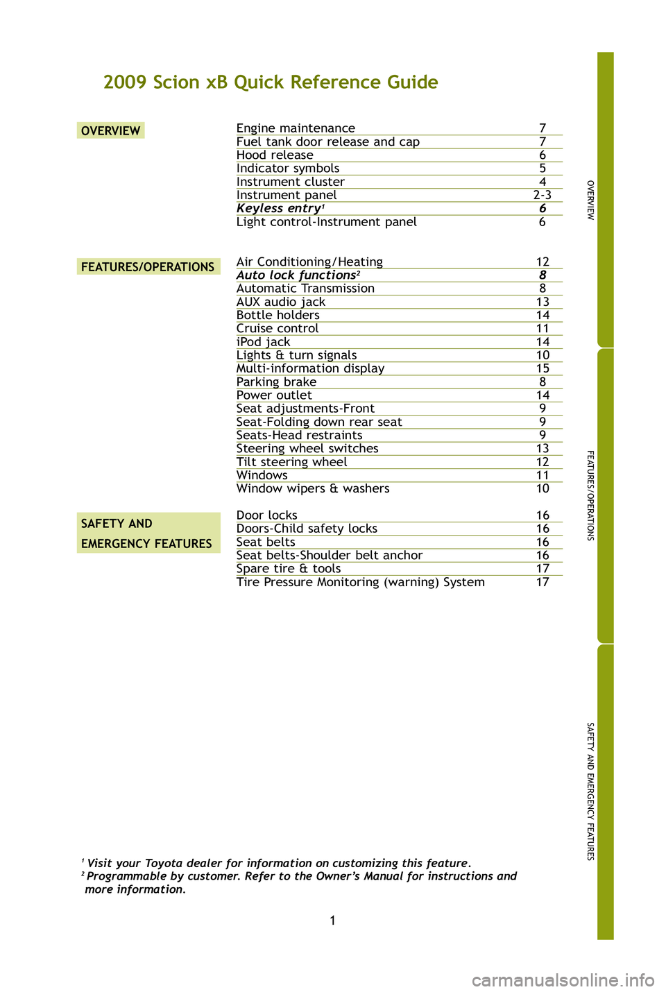 TOYOTA xB 2009 Owners Manual (in English) 1
OVERVIEW
FEATURES/OPERATIONS
SAFETY AND EMERGENCY FEATURES
1 Visit your Toyota dealer for information on customizing this feature.2 Programmable by customer. Refer to the Owner’s Manual for instru TOYOTA xB 2009 Owners Manual (in English) 1
OVERVIEW
FEATURES/OPERATIONS
SAFETY AND EMERGENCY FEATURES
1 Visit your Toyota dealer for information on customizing this feature.2 Programmable by customer. Refer to the Owner’s Manual for instru