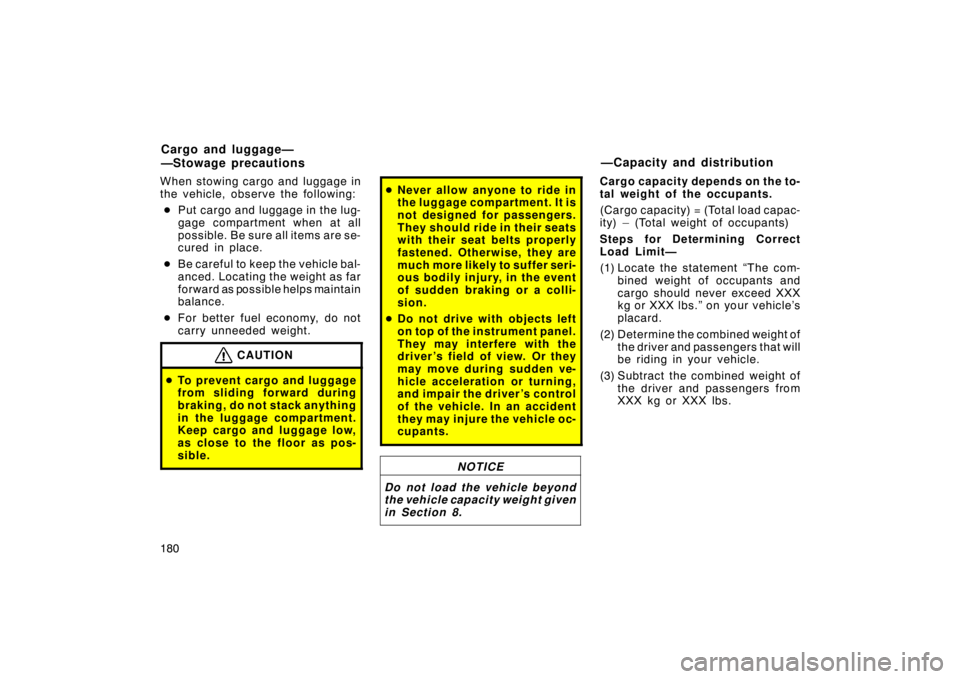 TOYOTA xB 2009  Owners Manual (in English) 180 When stowing cargo and luggage in
the vehicle, observe the following: Put cargo and luggage in the lug-
gage compartment when at all
possible. Be sure all items are se-
cured in place.
 Be caref