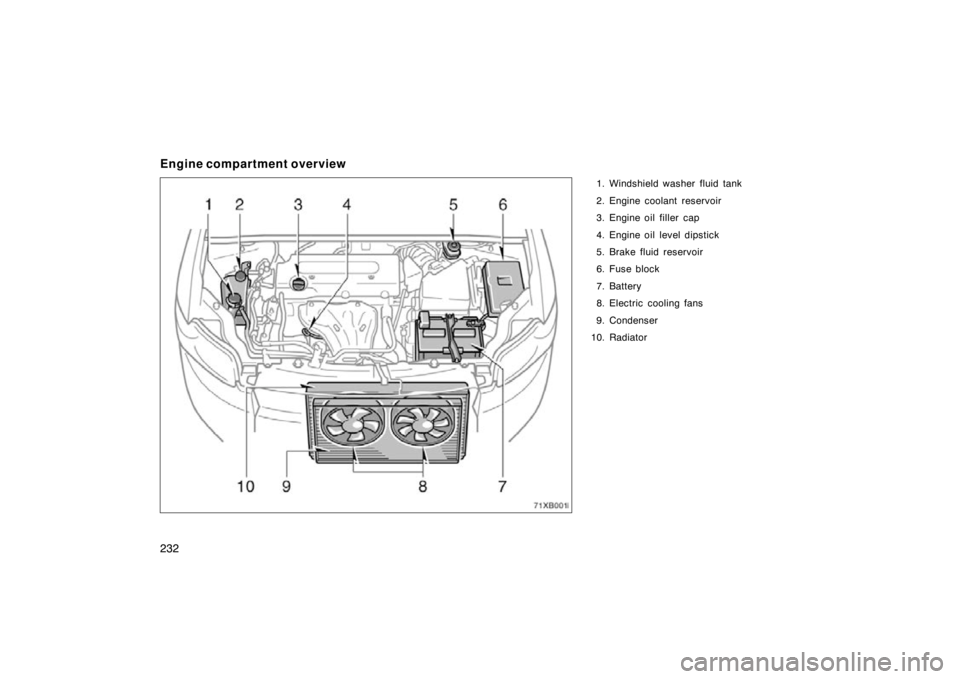TOYOTA xB 2009  Owners Manual (in English) 232
Engine compartment overview
1. Windshield washer fluid tank
2. Engine coolant reservoir
3. Engine oil filler  cap
4. Engine oil level dipstick
5. Brake fluid reservoir
6. Fuse block
7. Battery
8. 