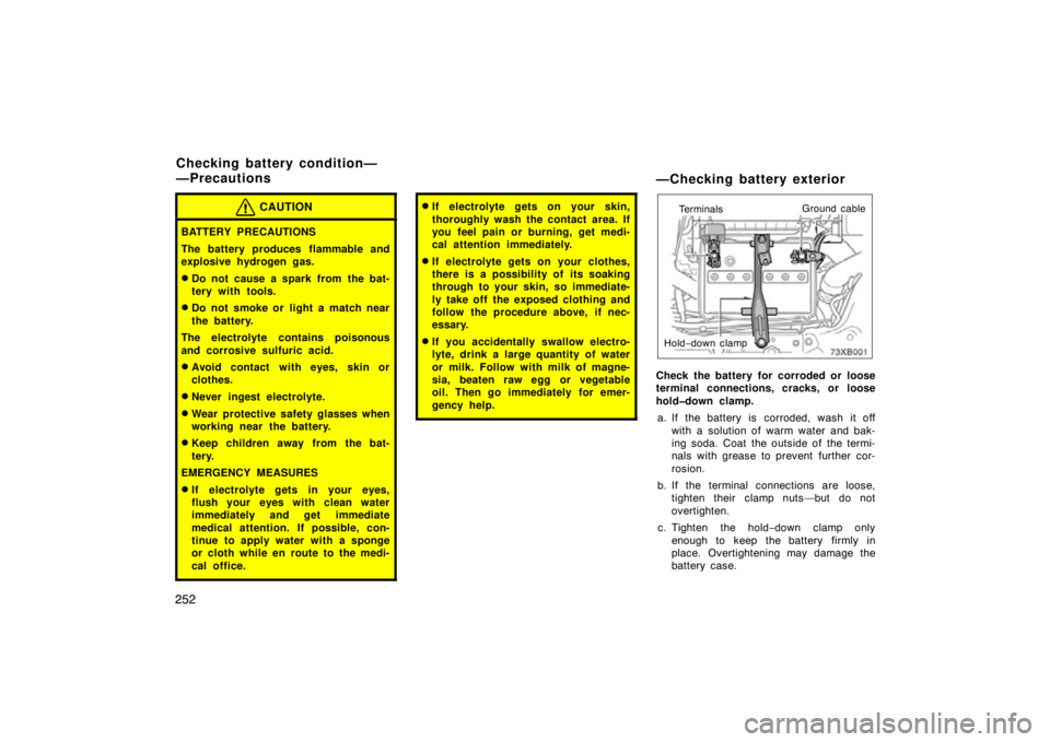 TOYOTA xB 2009  Owners Manual (in English) 252
CAUTION
BATTERY PRECAUTIONS
The battery produces flammable and
explosive hydrogen gas.
Do not cause a spark from the bat-
tery with tools.
Do not smoke or light a match near
the battery.
The ele