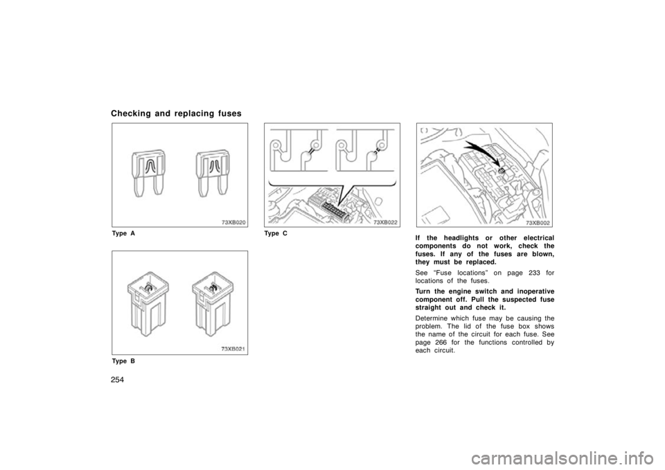 TOYOTA xB 2009  Owners Manual (in English) 254
Checking and replacing fuses
73XB020
Ty p e A
73XB021
Ty p e B
73XB022
Ty p e CIf the headlights or  other electrical
components do not work, check the
fuses. If  any of  the fuses are blown,
they