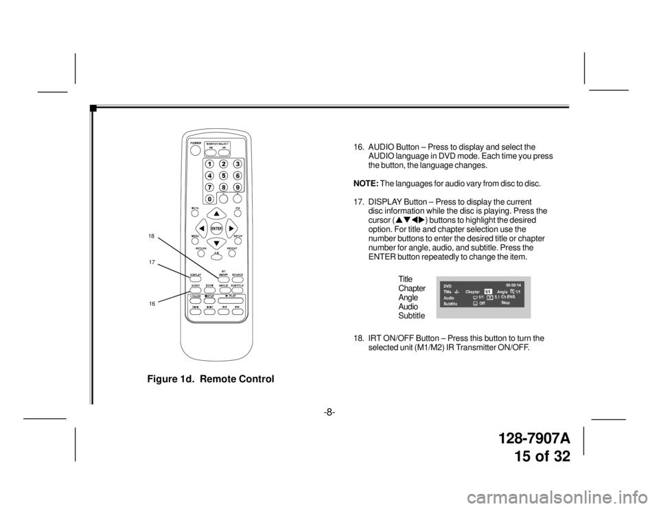 TOYOTA xB 2009  Accessories, Audio & Navigation (in English) 128-7907A
15 of 32
  Figure 1d.  Remote Control
16. AUDIO Button – Press to display and select the
AUDIO language in DVD mode. Each time you press
the button, the language changes.
NOTE: The languag