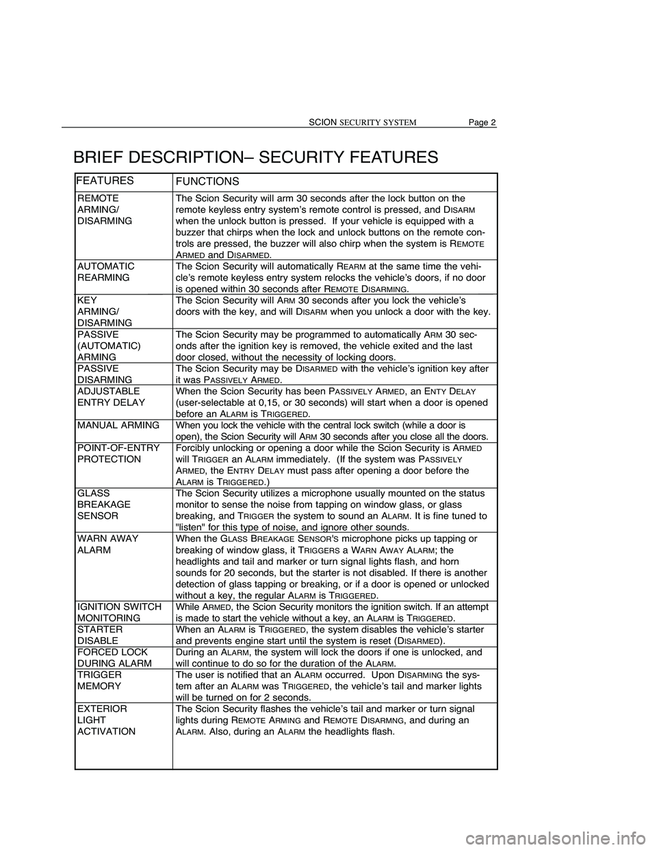 TOYOTA xB 2009  Accessories, Audio & Navigation (in English) SCIONSECURITYSYSTEM Page2
BRIEF DESCRIPTION– SECURITYFEATUR ES
TheScion Security willarm 30seconds afterthelock button onthe
remote keyless entrysystemʼs remotecontrolispressed, andD
ISARM
when the